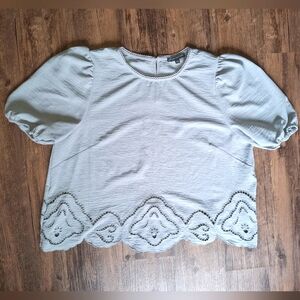 Adrianna Papell Light Blue Grey Scalloped Lace Blouse Puff Sleeve Size Large EUC